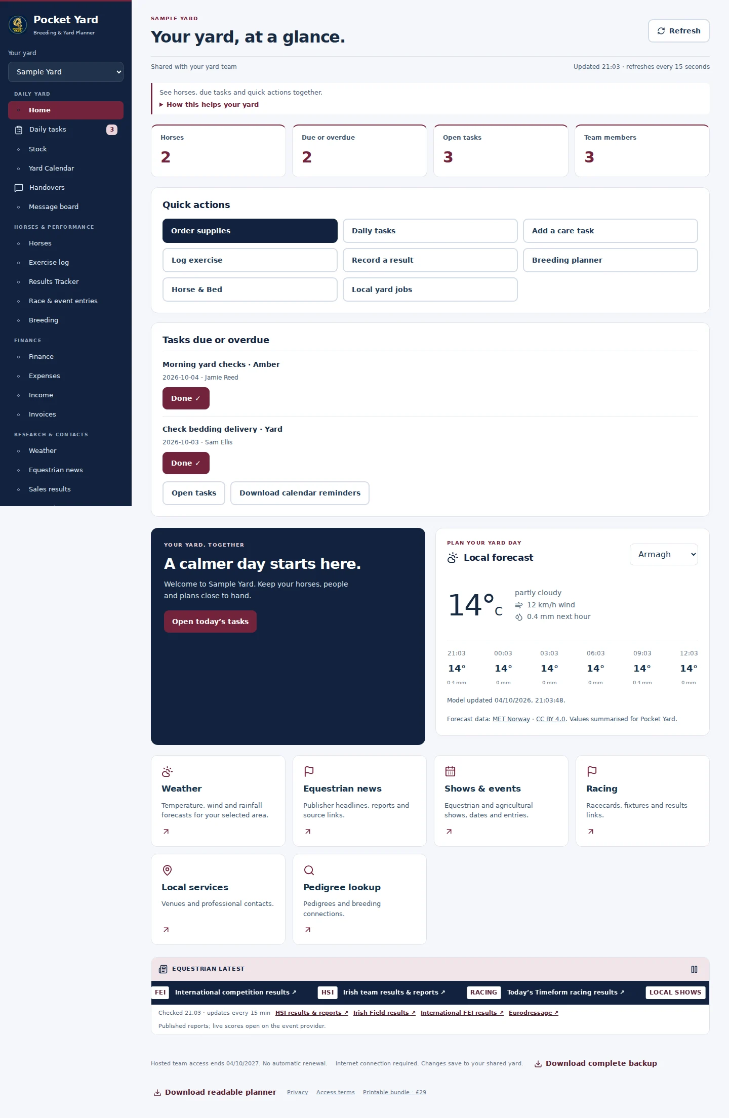 Home desktop interface with fictional sample data