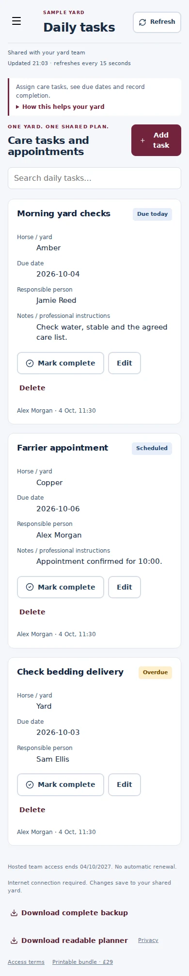 Daily tasks mobile interface with fictional sample data