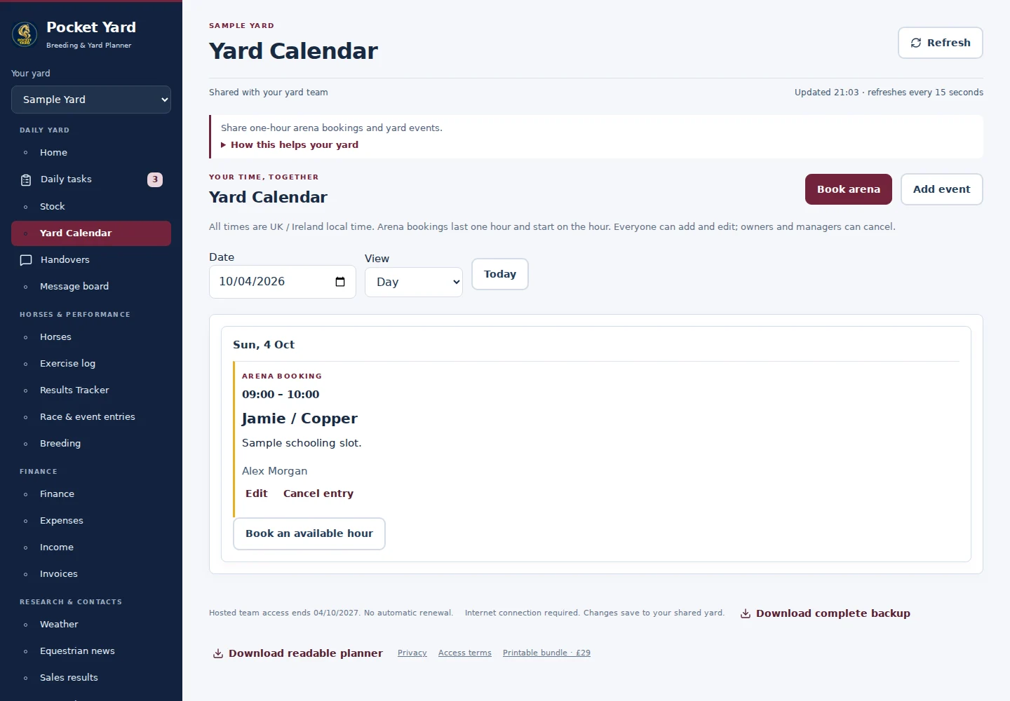 Yard Calendar desktop interface with fictional sample data