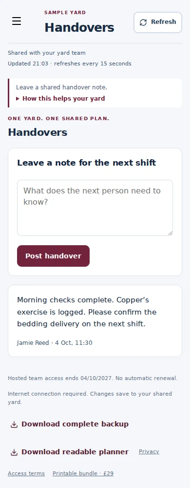 Handovers mobile interface with fictional sample data