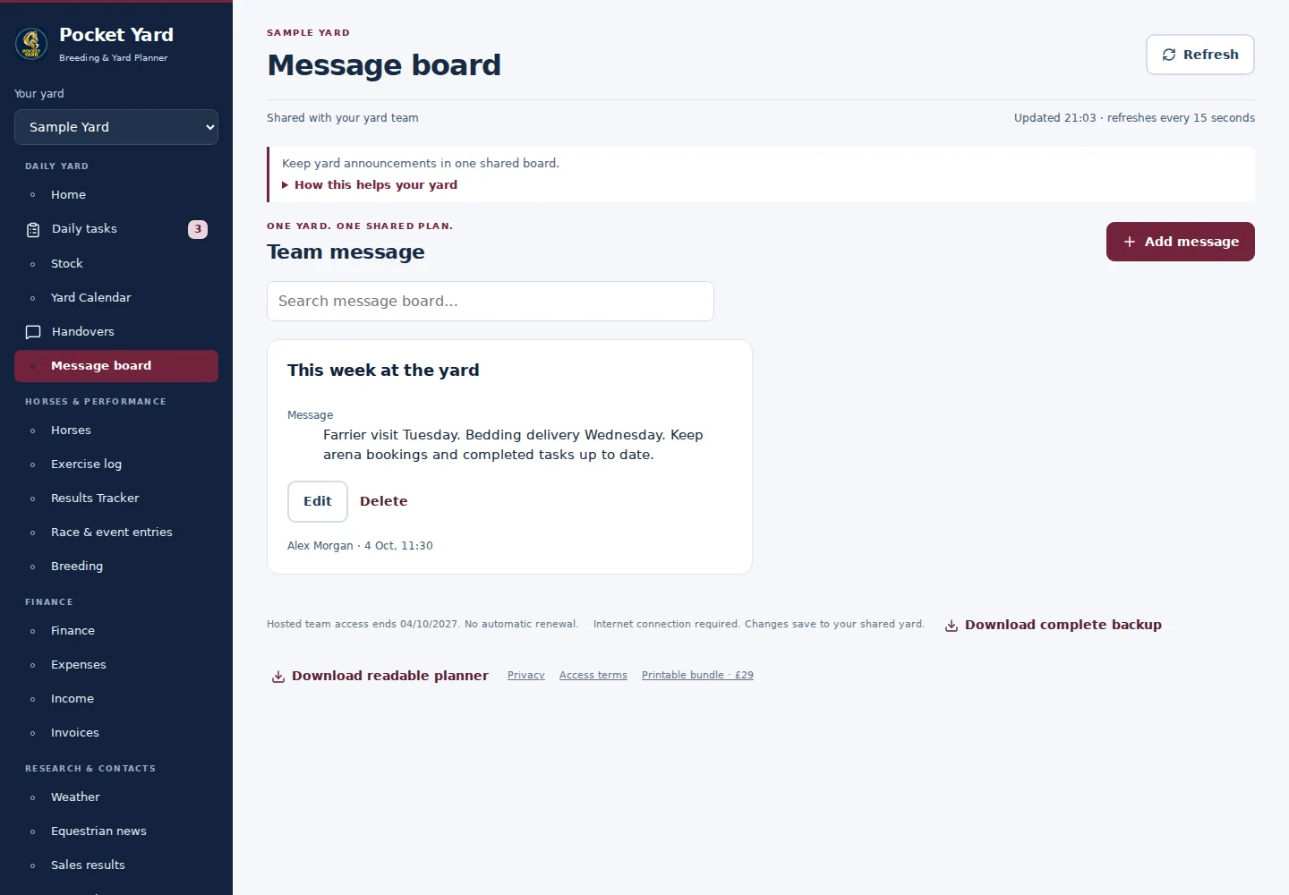 Message board desktop interface with fictional sample data