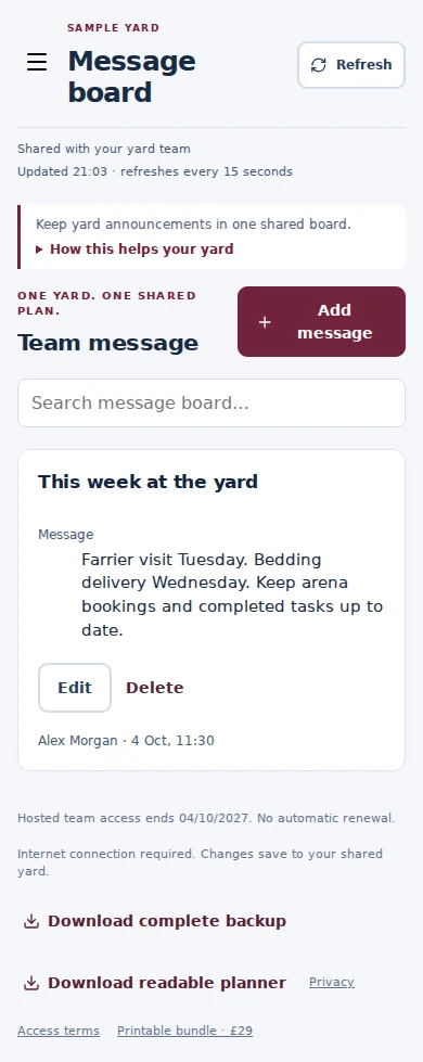 Message board mobile interface with fictional sample data
