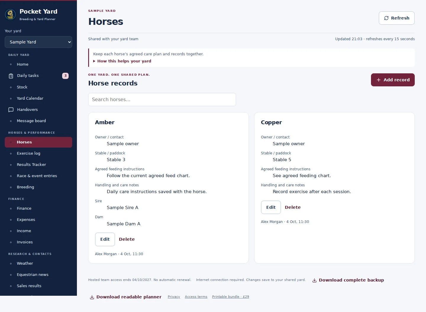 Horses desktop interface with fictional sample data