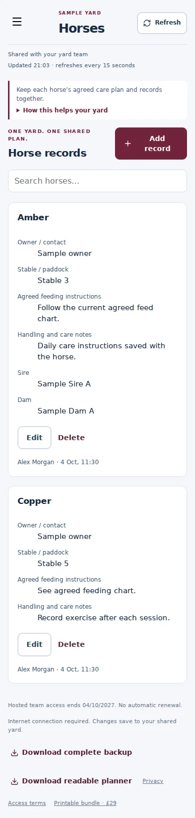 Horses mobile interface with fictional sample data