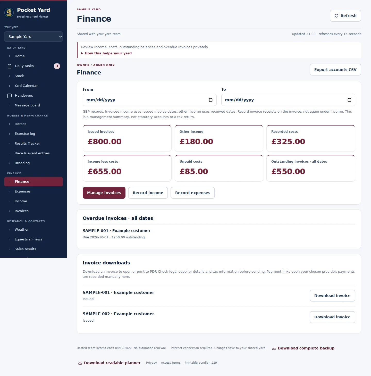 Finance desktop interface with fictional sample data