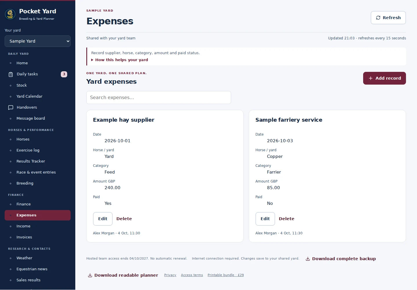 Expenses desktop interface with fictional sample data