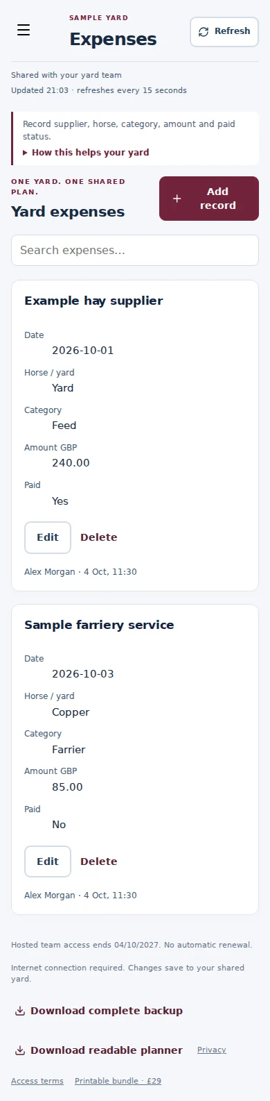 Expenses mobile interface with fictional sample data
