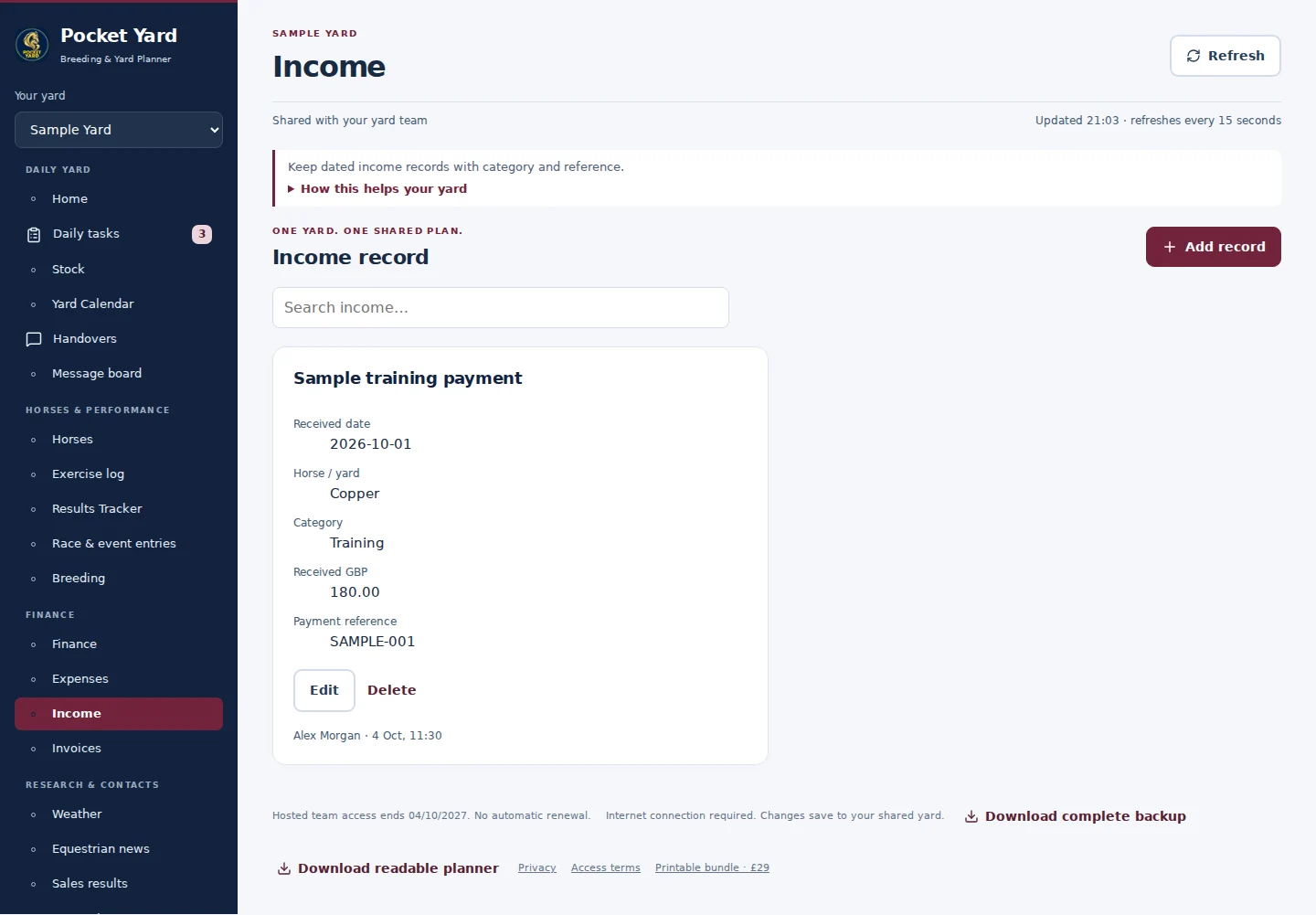Income desktop interface with fictional sample data