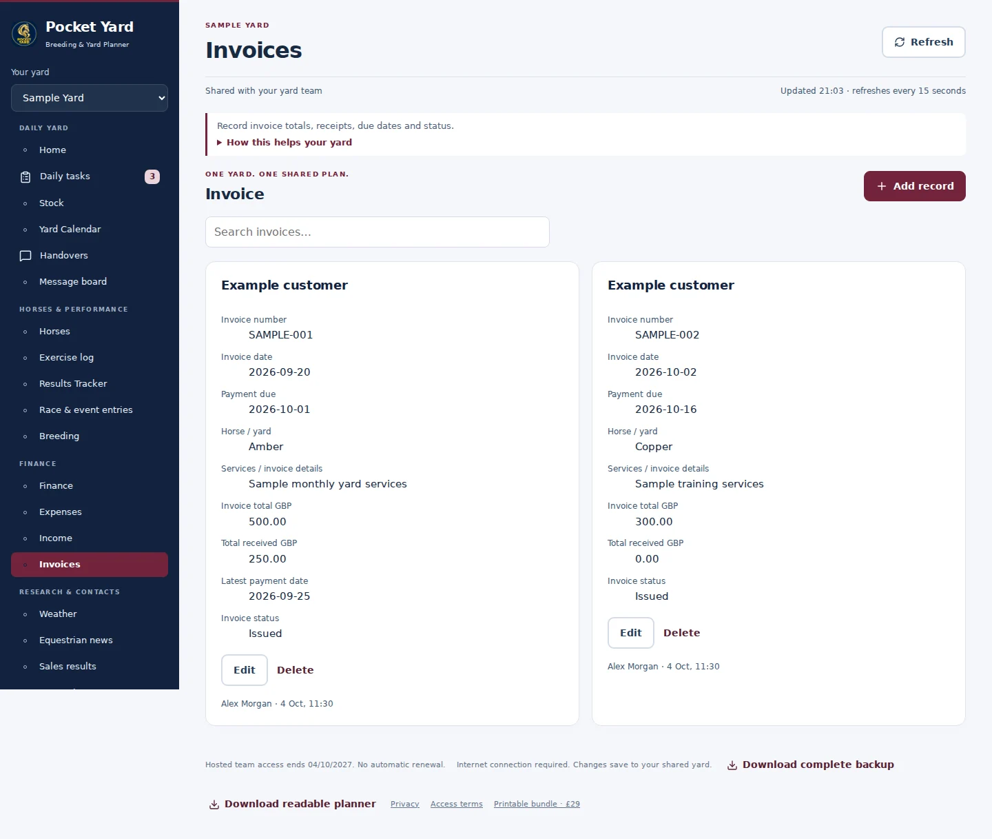 Invoices desktop interface with fictional sample data