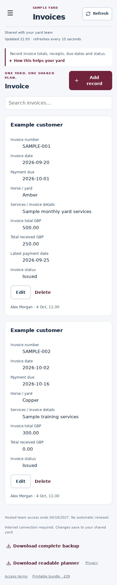 Invoices mobile interface with fictional sample data