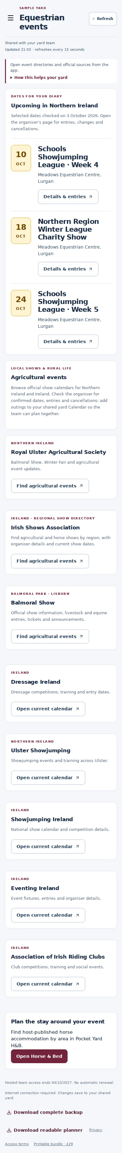 Equestrian events mobile interface with fictional sample data