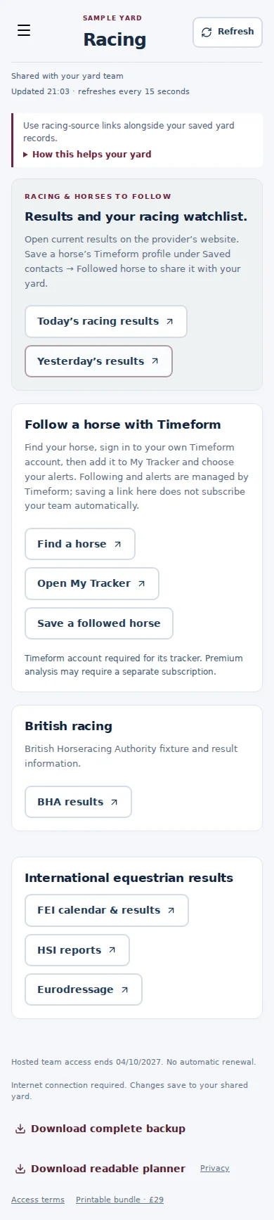 Racing mobile interface with fictional sample data