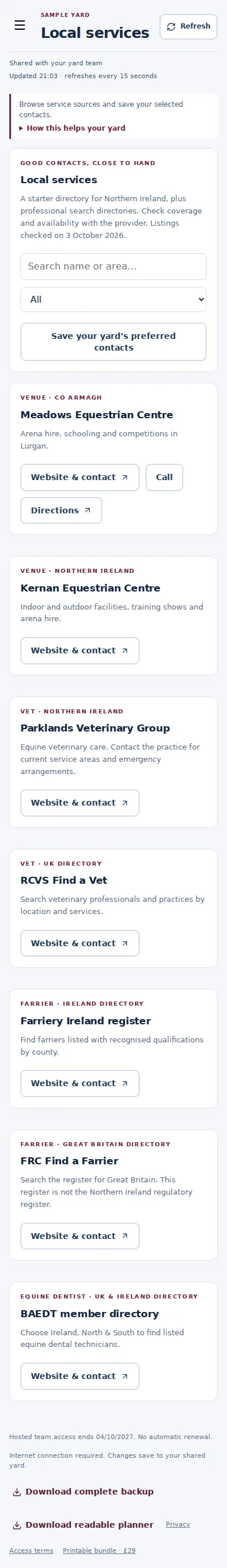 Local services mobile interface with fictional sample data