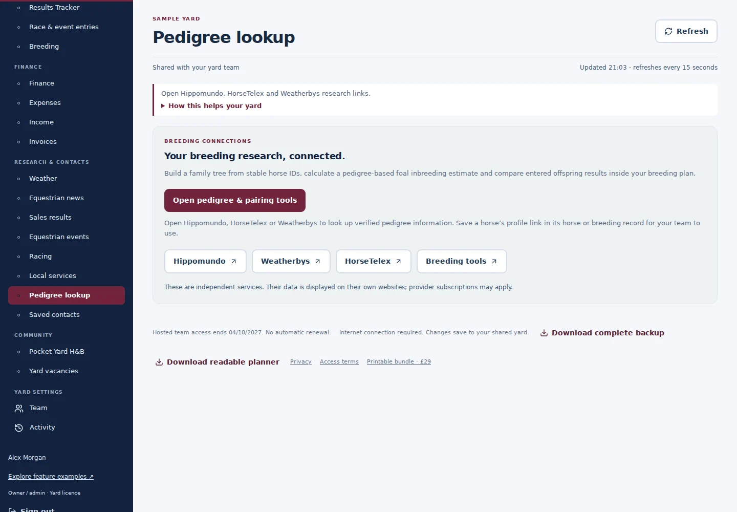 Pedigree lookup desktop interface with fictional sample data
