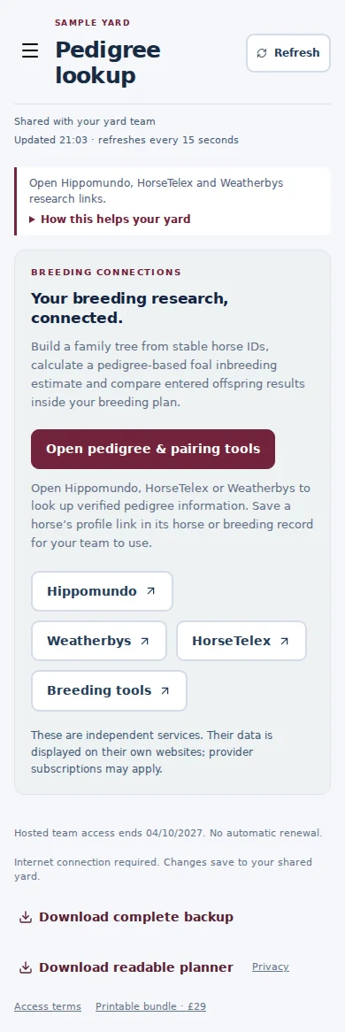 Pedigree lookup mobile interface with fictional sample data