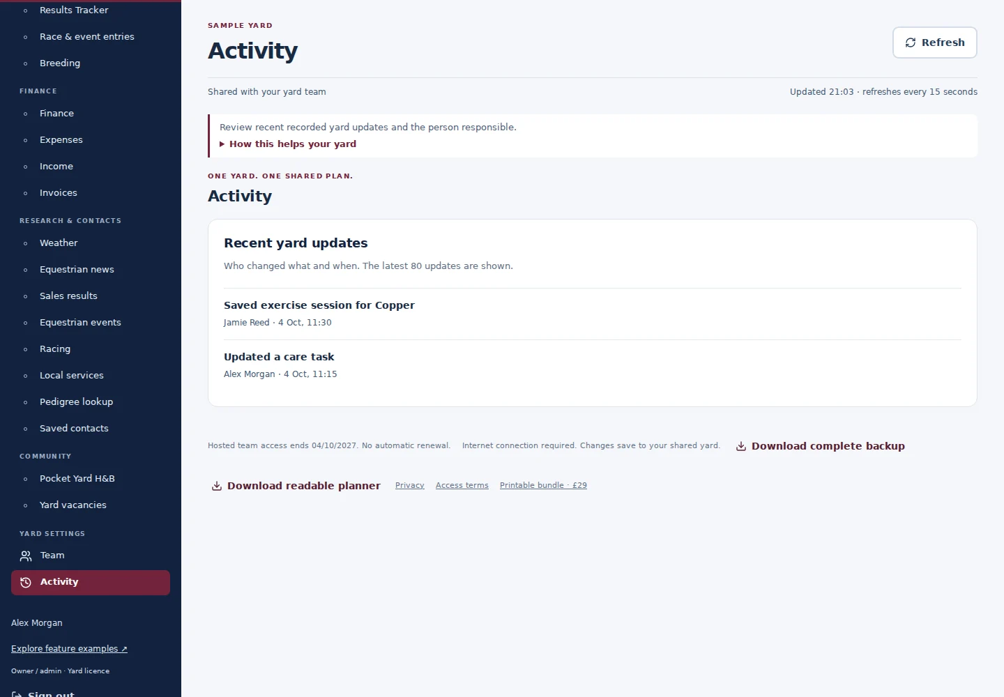Activity desktop interface with fictional sample data